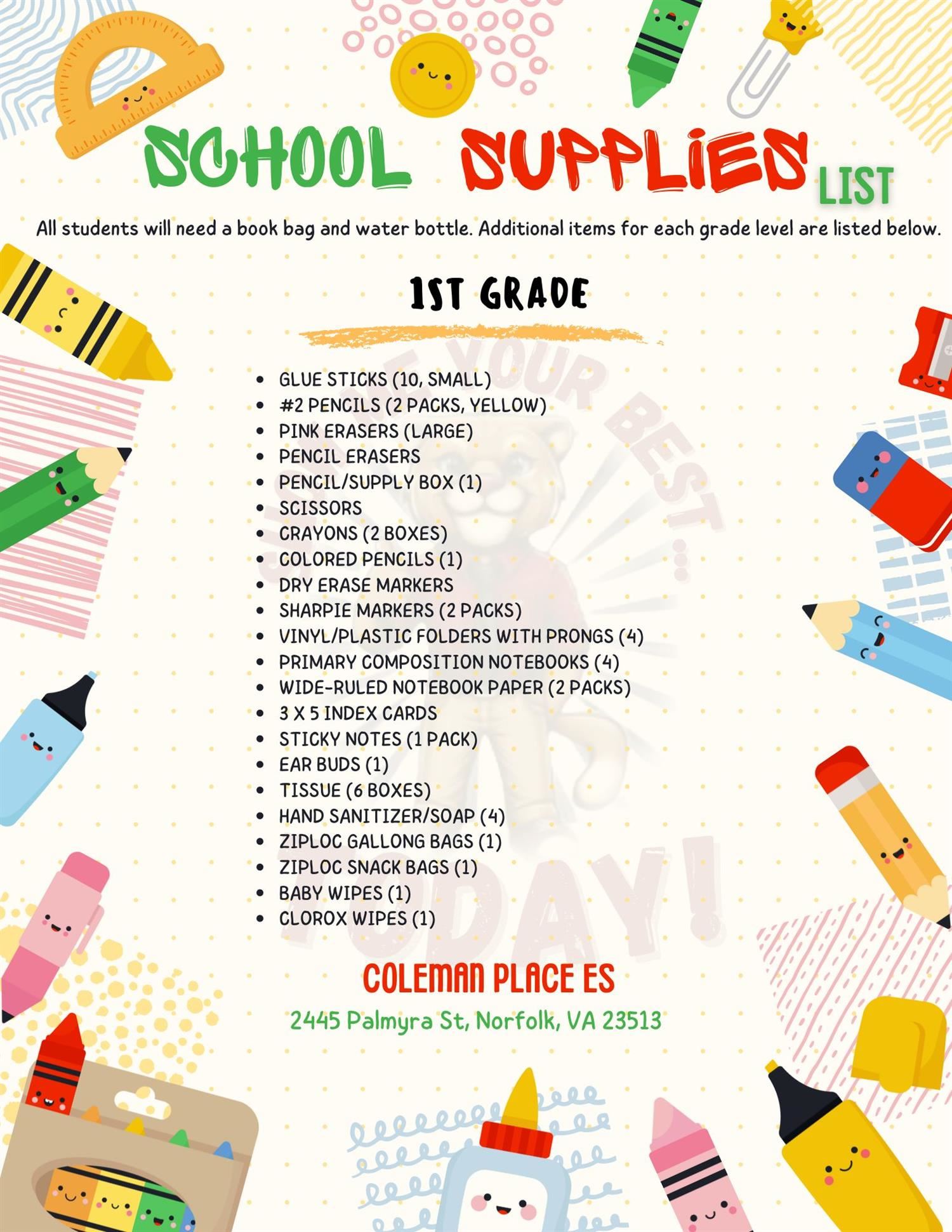 1st Grade Supply List